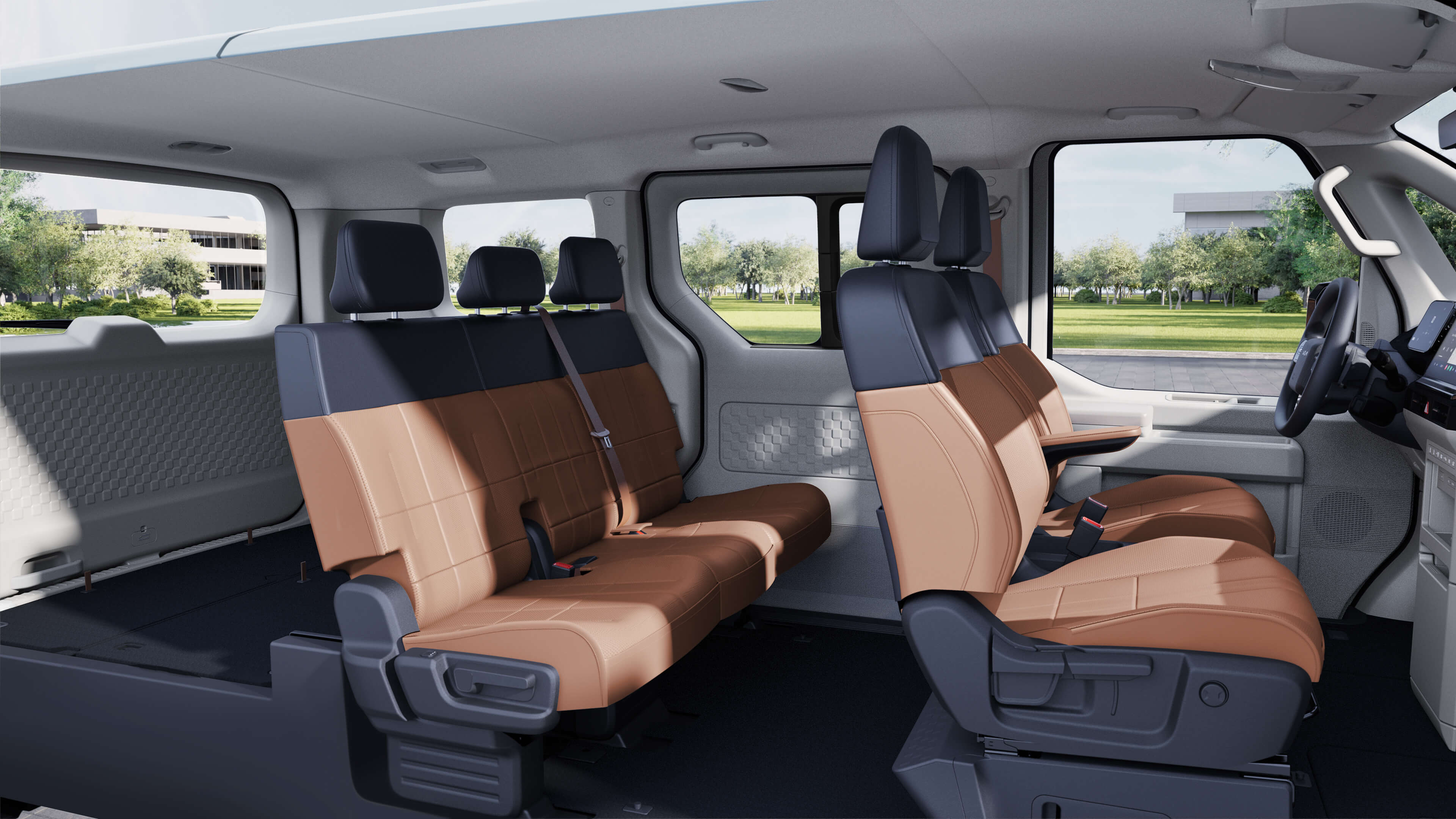 Seitliche Innenansicht des Kia PV5 Passenger mit flexibler Sitzkonfiguration